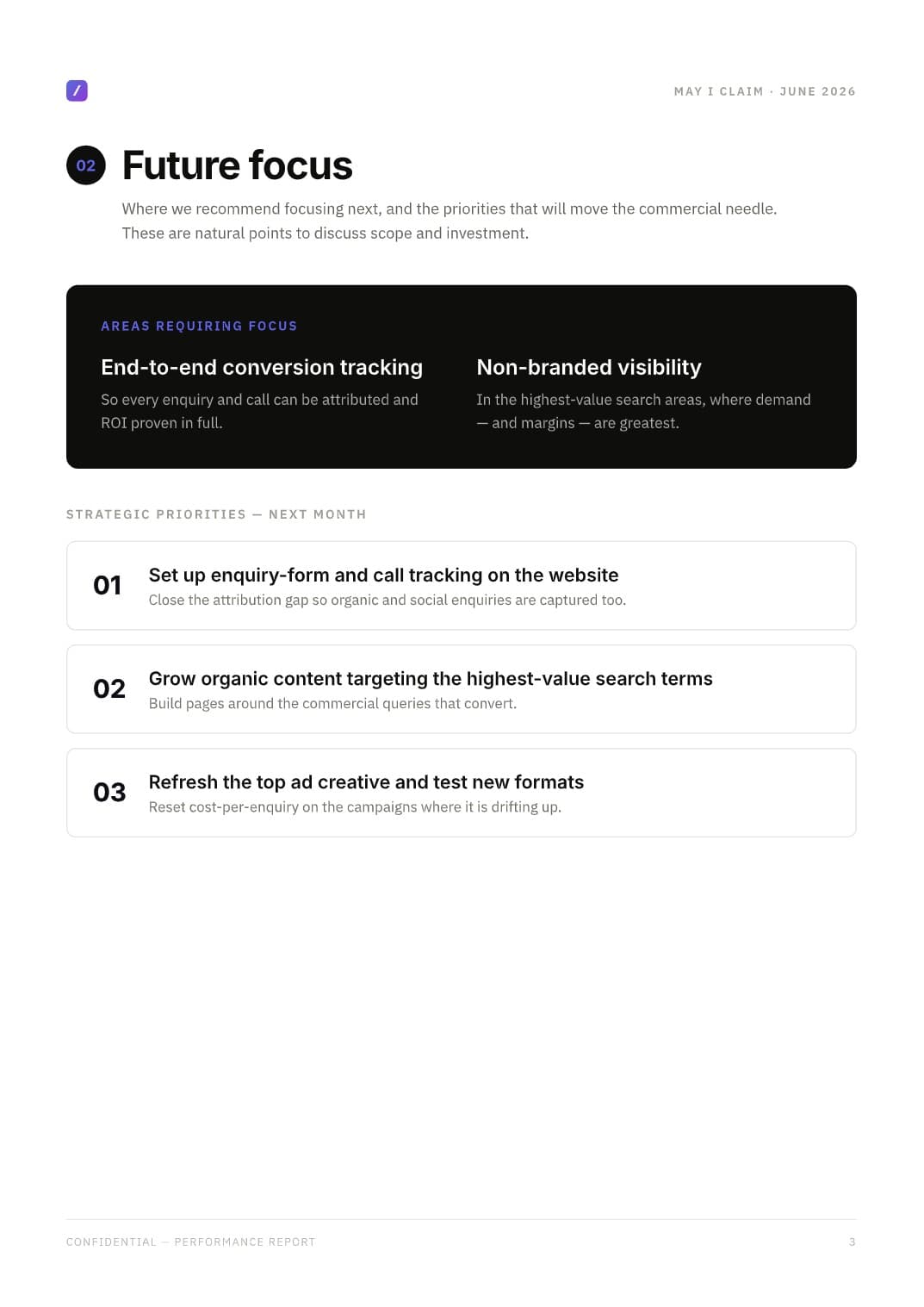 Sample report — strategic priorities for next month